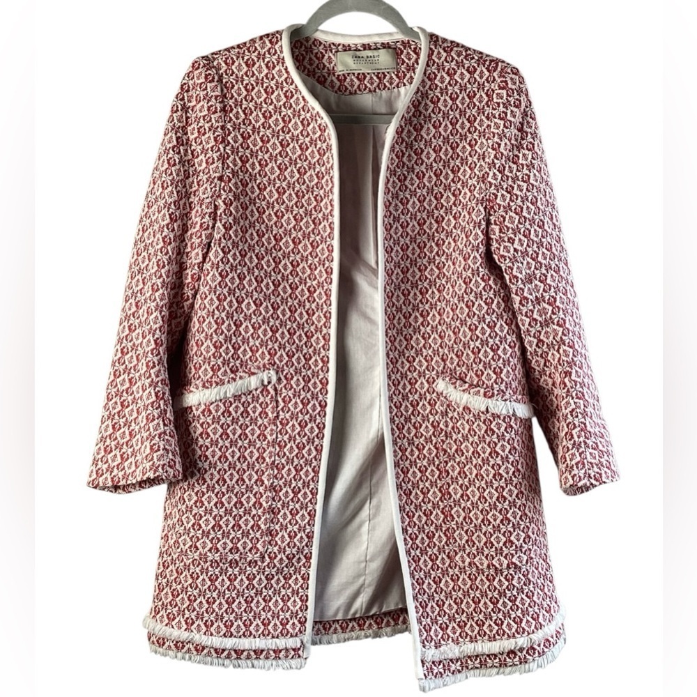 ZARA TWEED CARDIGAN JACKET  Red and White Women's Coat Size Medium